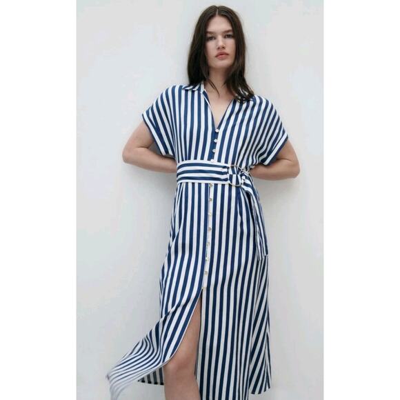 NWOT Zara Striped Linen Bld Shirt Dress XS XSmall Midi Blue White Resort No Belt - Picture 2 of 12